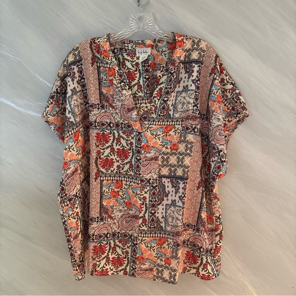 Nicole Miller 2X Multicolor Paisley V-Neck Satiny Blouse  Boho Cottagecore